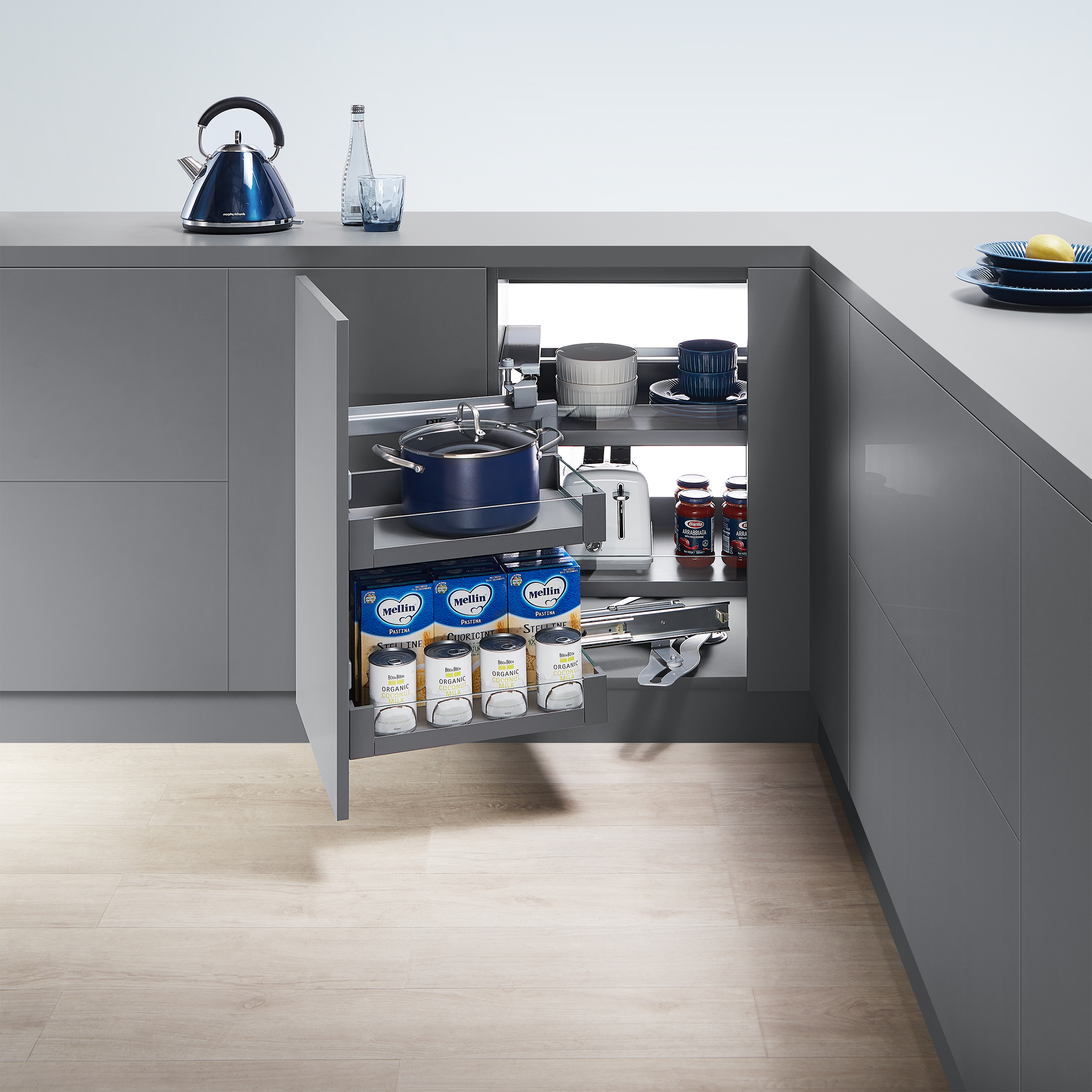 Glass Expando Corner Pull-Out Unit | Elegant Soft-Close Kitchen Storage | Aspin Collins