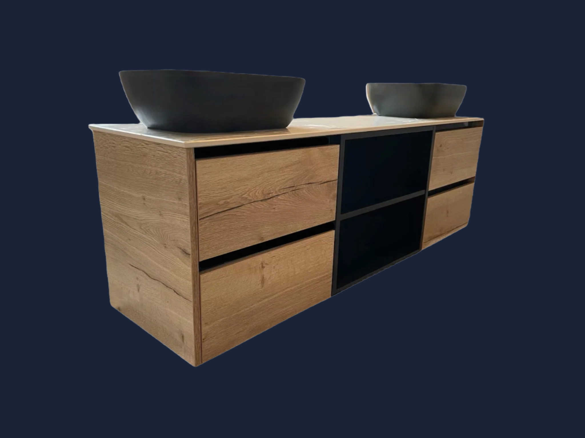Luxury Vanity Unit – Natural Halifax Oak & Brushed Black Aluminium Inlays | Aspin Collins