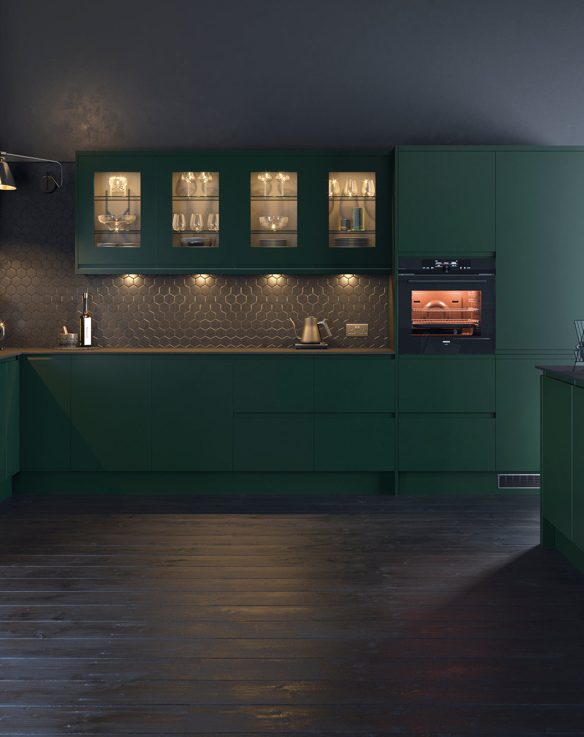 Levana Fir Green Matt Kitchen Doors | Deep Green Handleless Matt Kitchen Doors