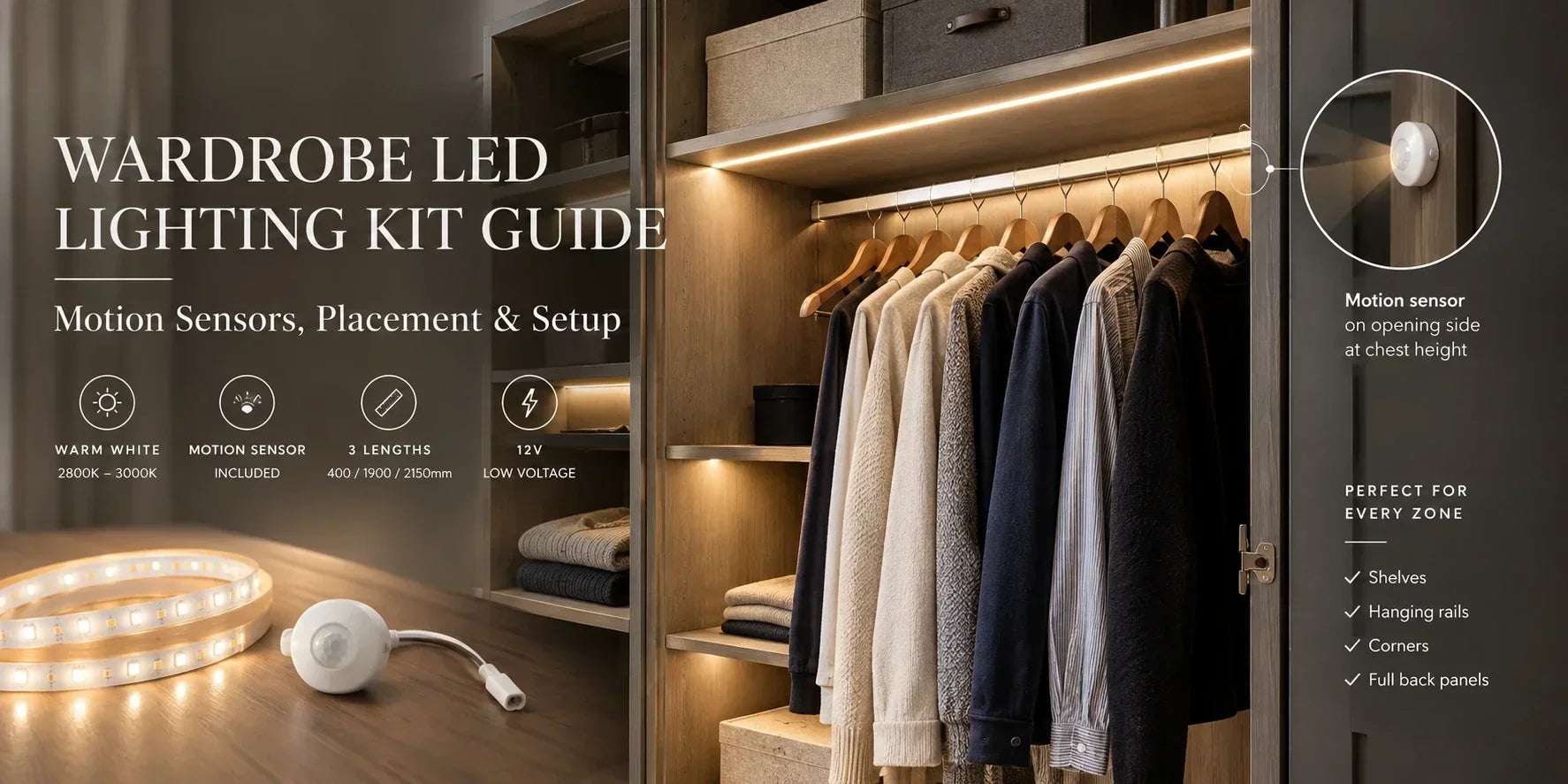 Wardrobe LED Lighting Kit Guide: Motion Sensors, Placement & Setup | Aspin Collins