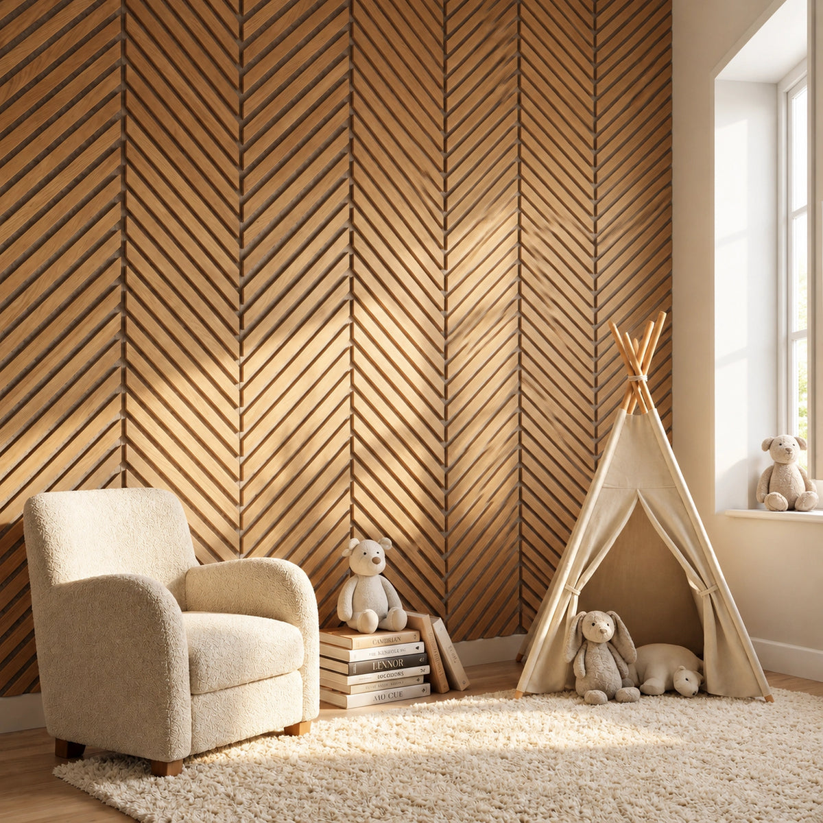Nordvik - Chevron Oak Slat Wall Panels | Grey Felt Backing | Aspin Collins