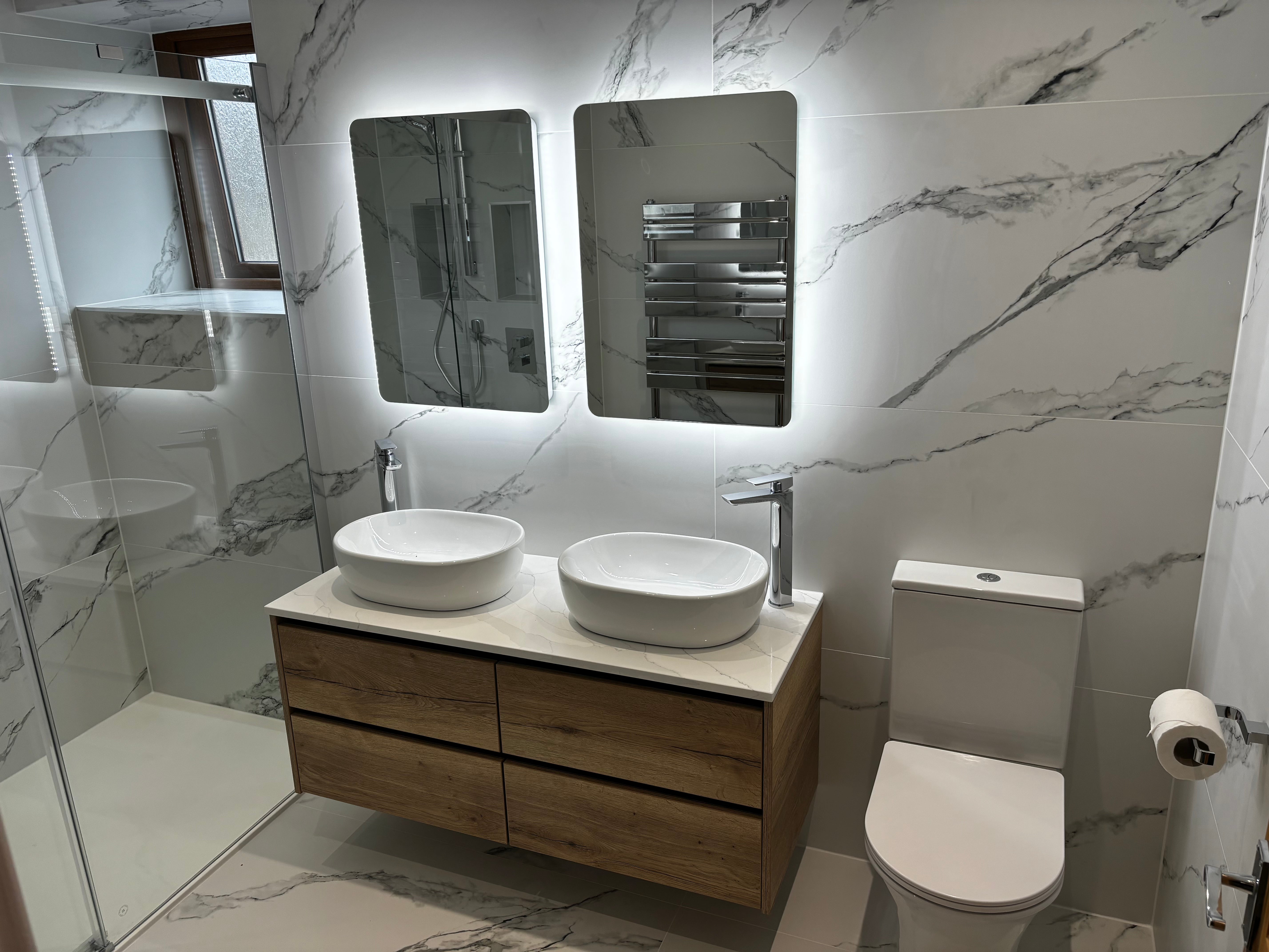 Bathroom Vanity Unit - Floating - Natural Halifax Oak/Black brushed Aluminium Inlays - Aspin Collins