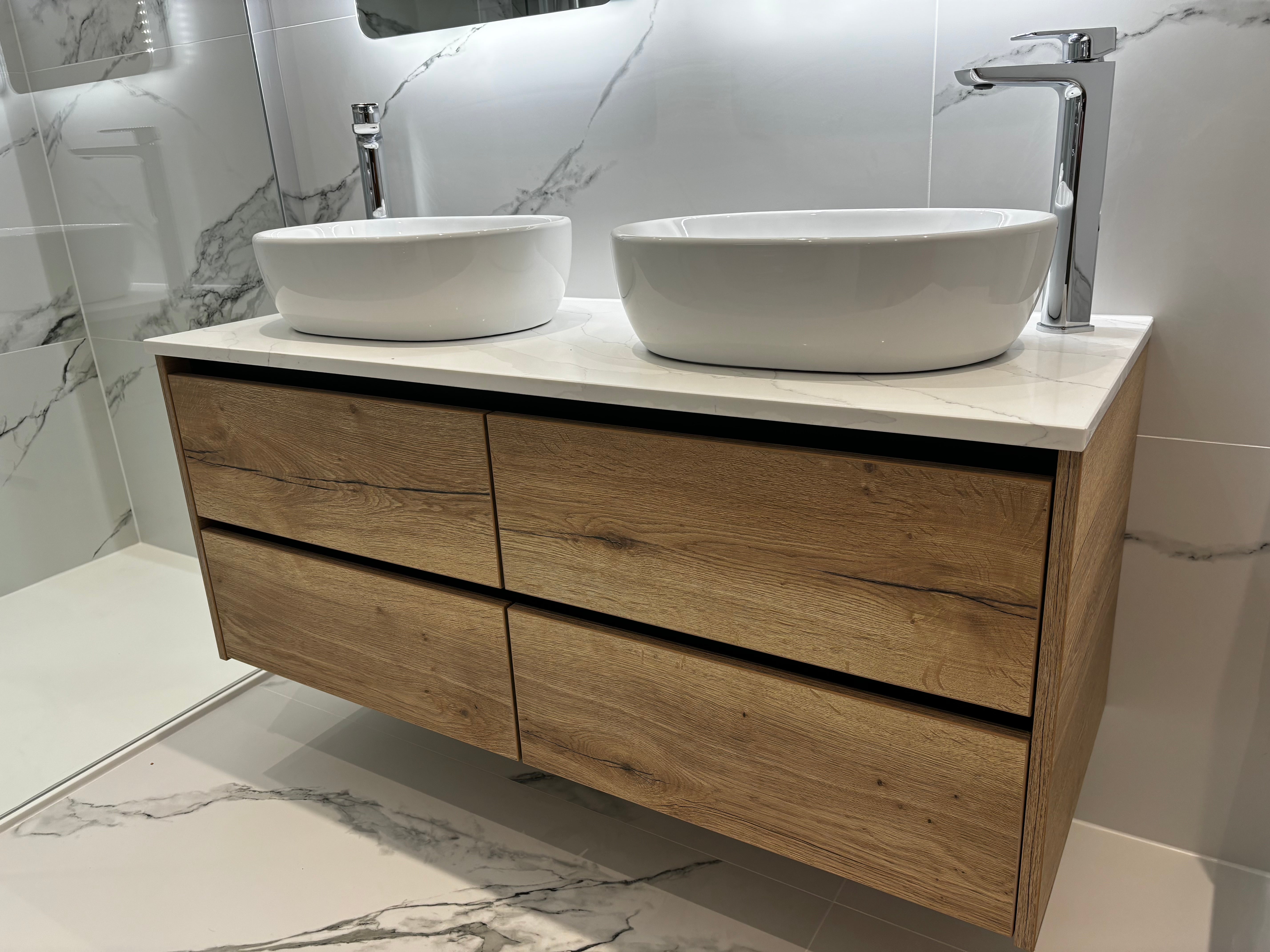 Bathroom Vanity Unit - Floating - Natural Halifax Oak/Black brushed Aluminium Inlays - Aspin Collins