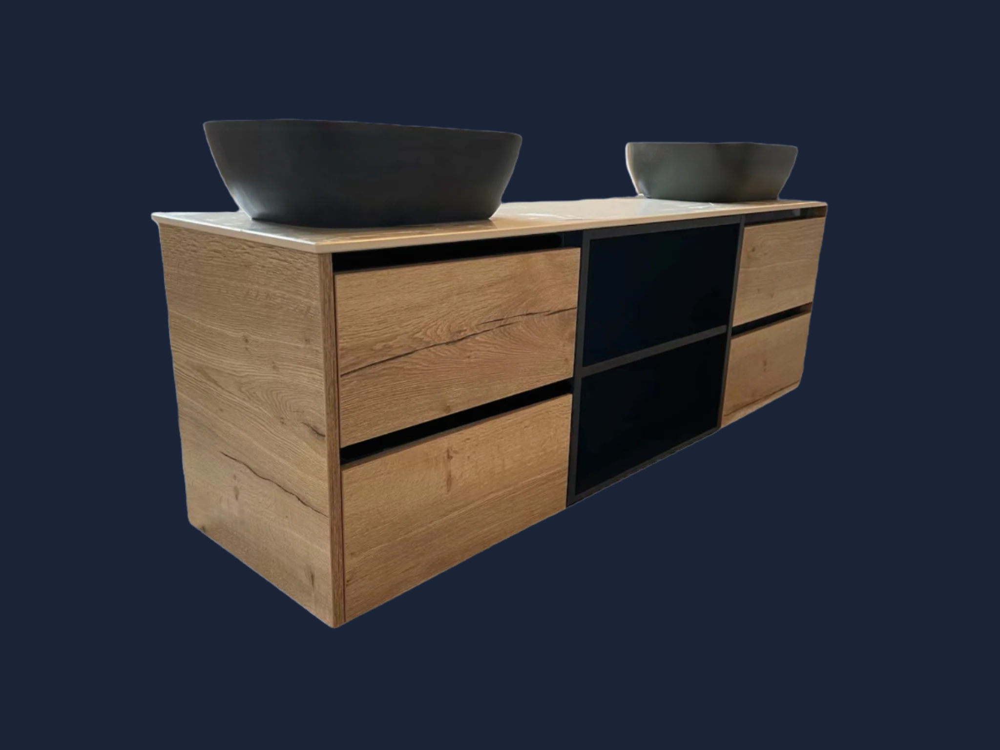 Bathroom Vanity Unit - Floating - Natural Halifax Oak/Black brushed Aluminium Inlays - Aspin Collins