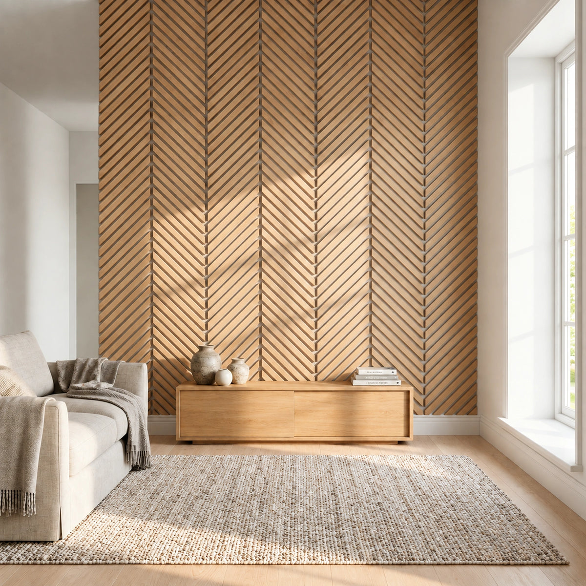 Nordvik - Chevron Oak Slat Wall Panels | Grey Felt Backing | Aspin Collins